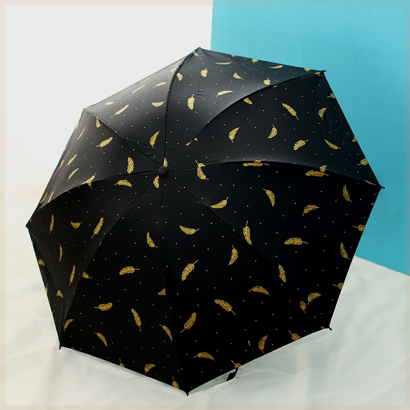 雨伞厂家折叠黑胶三折烫金羽毛伞遮阳伞晴雨两用防晒伞太阳伞 - 图0