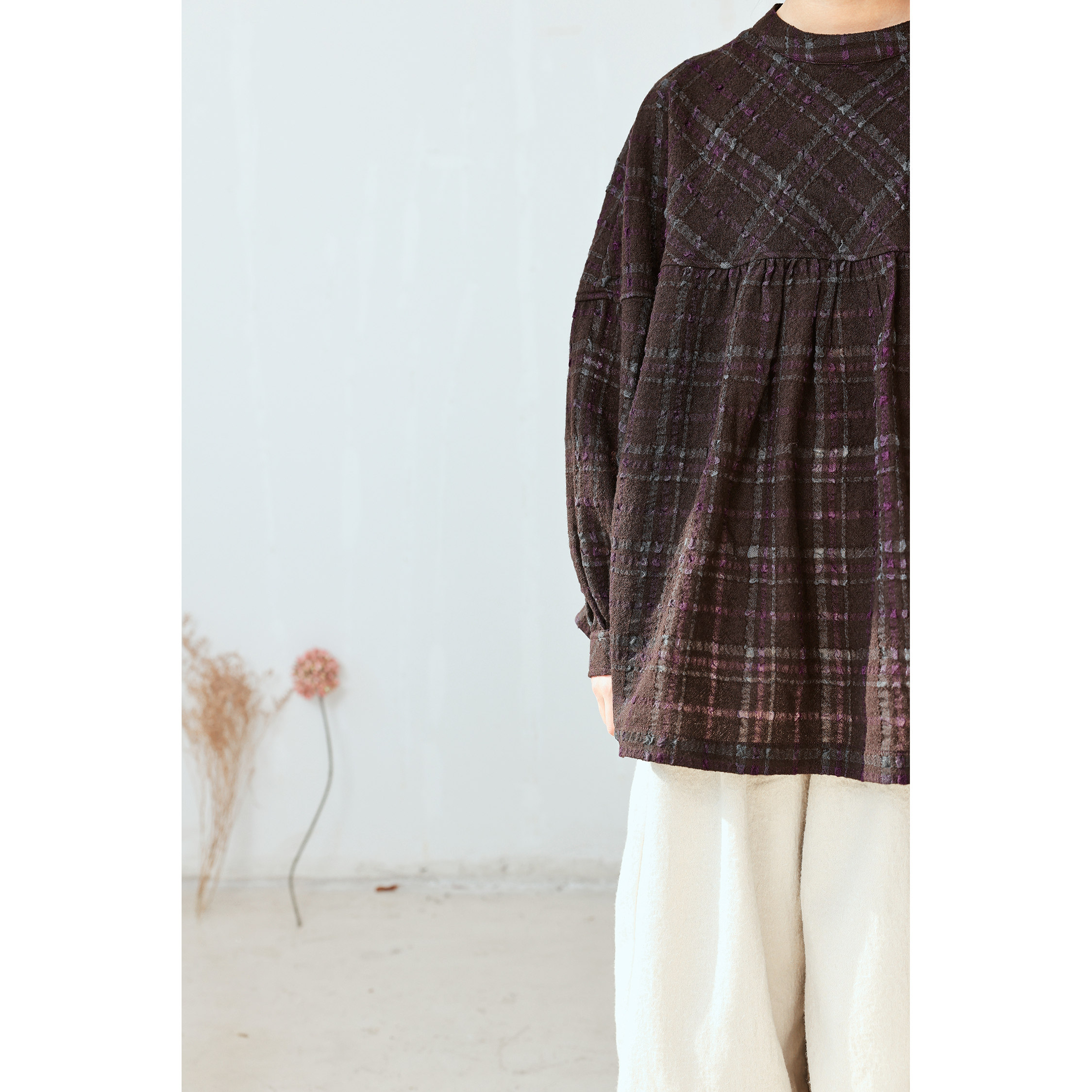 2026羊毛与花亲子装中大童进口咖色紫格纹羊毛格纹宽松日系衬衫,淘宝优惠券,粉丝福利购,淘宝优惠卷