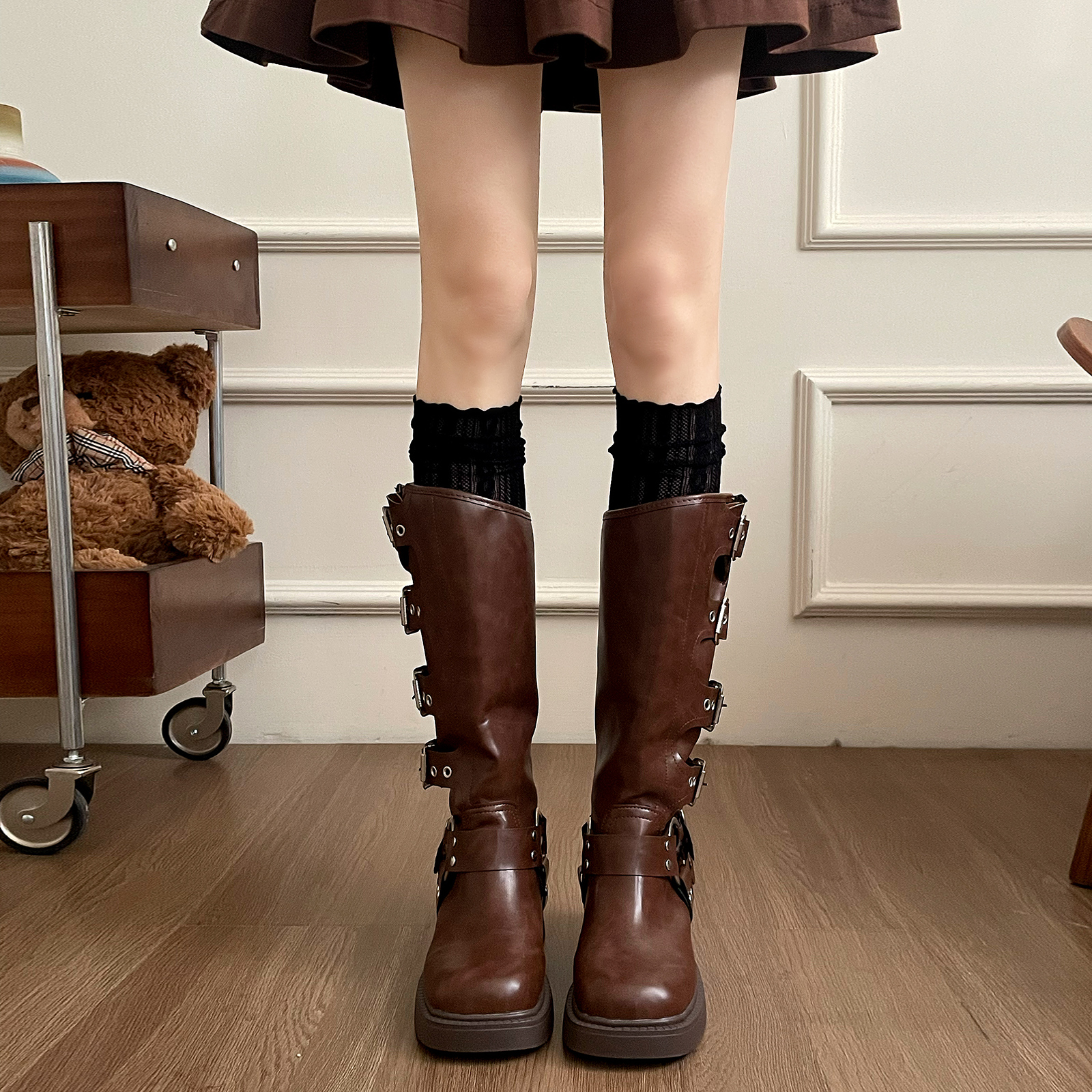 白色骑士靴蕾丝袜子女秋冬季花边袜套堆堆袜小腿袜配长筒靴腿套 - 图1