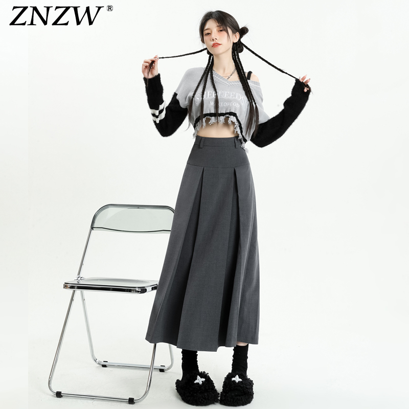 ZNZW灰色高腰百褶半身裙女2024春季新款小众设计中长款A字裙伞裙-图2