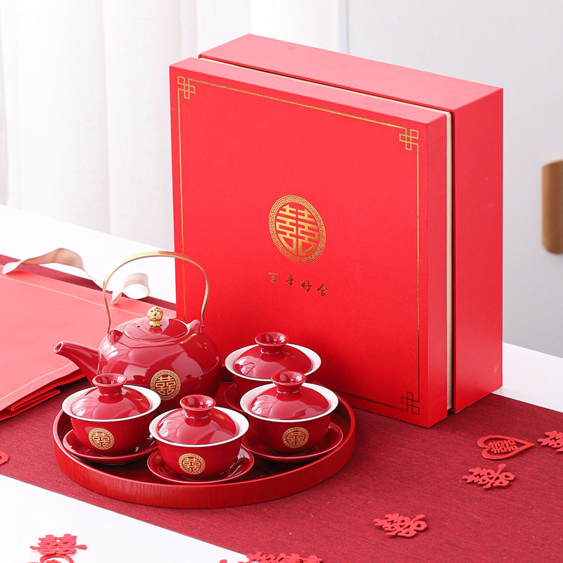 Wedding change of mouth toast tea cup tea bowl set red wedding bowl tea set set home wedding gift teapot gift giving