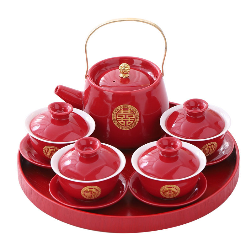 Wedding change of mouth toast tea cup tea bowl set red wedding bowl tea set set home wedding gift teapot gift giving