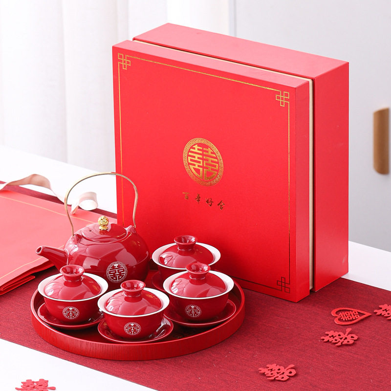 Wedding change of mouth toast tea cup tea bowl set red wedding bowl tea set set home wedding gift teapot gift giving