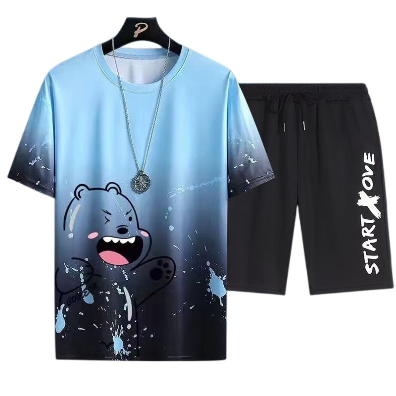 夏季休闲套装男冰丝短袖t恤短裤子搭配一套装宽松大码潮流运动服