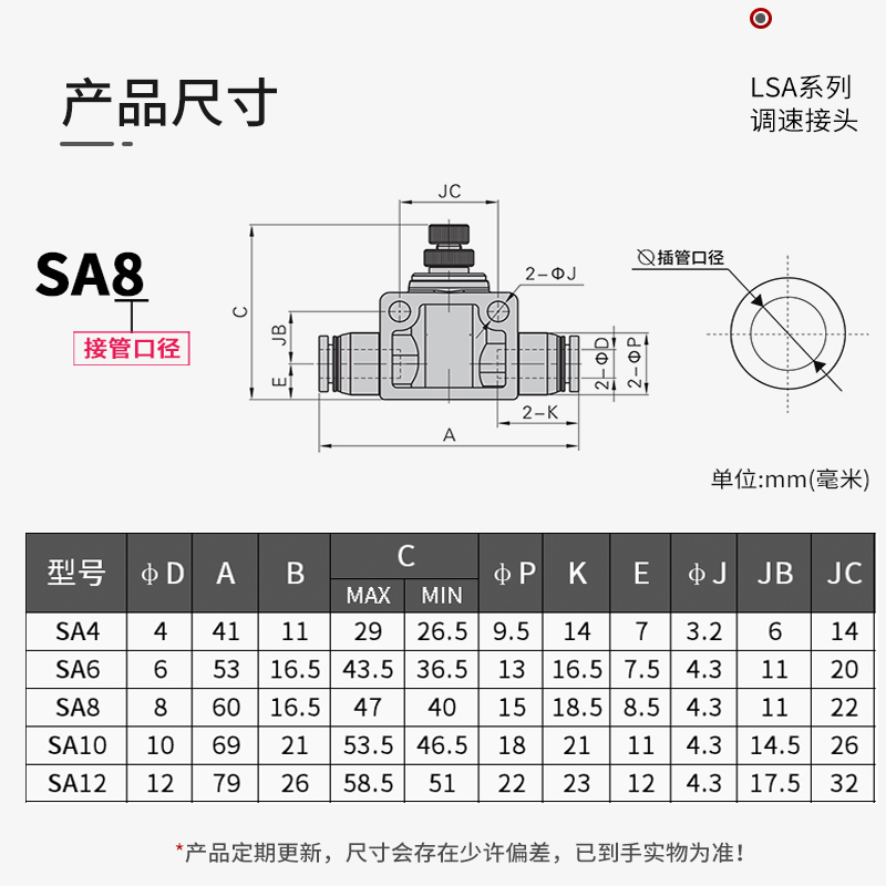 可调SA4气动管道调节气阀节流阀LSA8气管限流接头SA6-10单向12mm6-图2