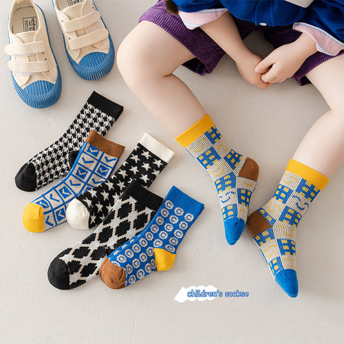 儿童袜子秋冬季新款双针双路复古潮袜格子男女童宝宝个性中筒棉袜-图0