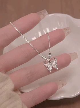 猫眼石蝴蝶项链女S925纯银小清新森系甜美小众设计轻奢锁骨链