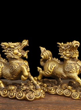 纯铜祥云麒麟摆件一对商铺门口家用玄关桌面装饰黄U铜骐麟瑞兽神