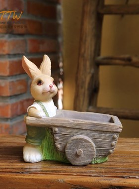 田园创意a树脂兔兔摆件乡村卡通小动物笔筒庭院多肉种植花绿植装