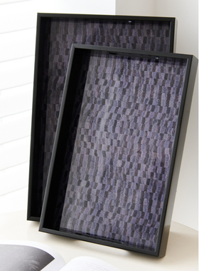 现代简约繁花金色托盘墨韵波纹黑色装饰盘客厅茶几长形圆形收纳盘