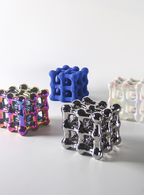 创意陶瓷七彩镂空立方几何摆件