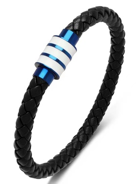 黑皮磁扣编织手链男士简约个性潮男手链复古时尚百搭手链男皮绳