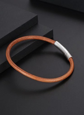 跨境爆款饰品皮绳手链钛钢磨砂磁扣手链棕色男士小众手环