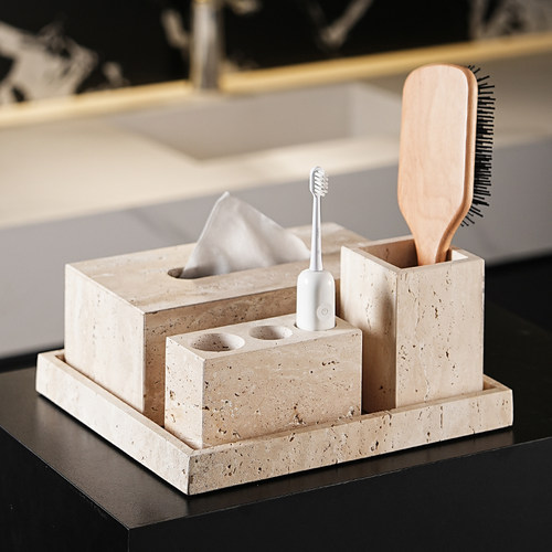 天然大理石黄洞石侘寂中古风卫生间置物架洗漱卫浴五件套摆件托盘 - 图3