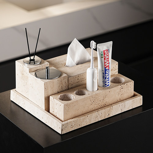 天然大理石黄洞石侘寂中古风卫生间置物架洗漱卫浴五件套摆件托盘 - 图0