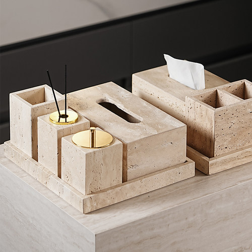 天然大理石黄洞石侘寂中古风卫生间置物架洗漱卫浴五件套摆件托盘 - 图2