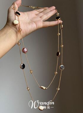 中古金色圆牌串珠项链2025新款复古轻奢高级感设计气质长款锁骨链