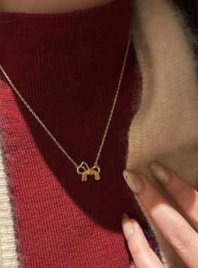 新中式金色蝴蝶结小马项链女轻奢小众设计高级锁骨链气质绝美饰品