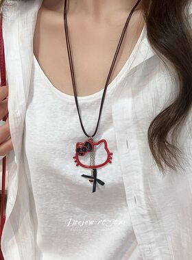 甜美可爱双层KT猫吊坠项链女时尚气质高级感少女风挂脖个性毛衣链