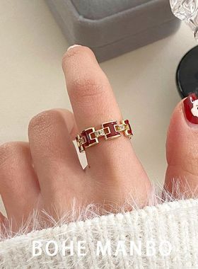 本命年酒红色金珠格纹开口戒指女2026新款爆款小众可调节食指戒环