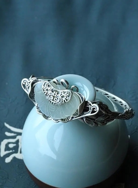 镀S925银手镯女做旧手工蝴蝶银镶如意白玉古法复古手镯手环