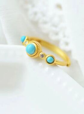 民族风仿绿松石戒指女士镀18K金复古典雅风轻奢小众可调节指环