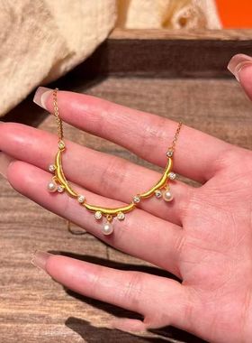 Vintage法式浪漫花边镶嵌仿珍珠流苏项链精美宫廷风典雅颈部项链