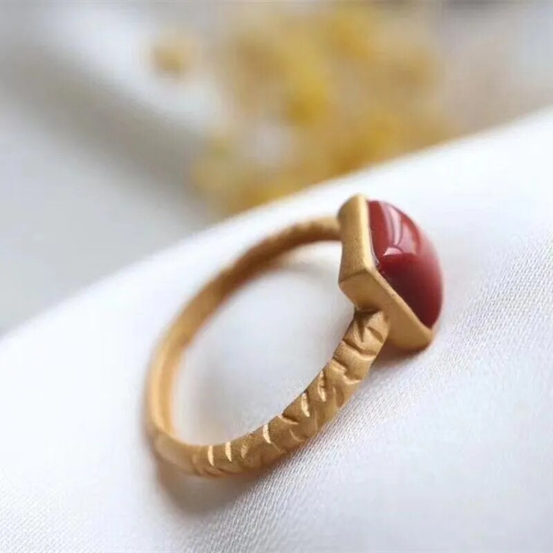 S925 inlaid imitation southern red agate ring retro