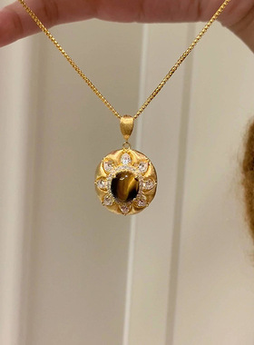 秋冬复古美拉德风镶嵌满钻虎眼石吊坠项链轻奢大气高级感颈部饰品