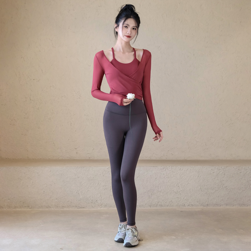 Ackdcs瑜伽服两件套女秋冬款仙气网纱运动长袖上衣普拉提健身套装 - 图3