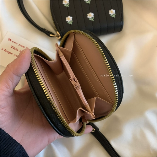 Черный ретро изысканный бумажник в форме цветка, милый короткий картхолдер с молнией, кошелек, сумка через плечо, с вышивкой