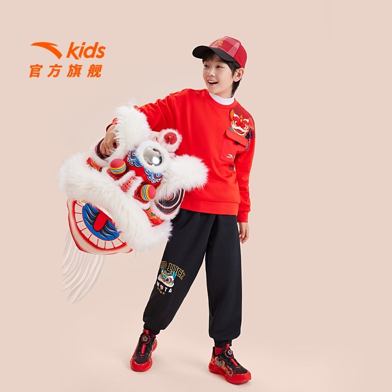 安踏儿童男童针织套头衫2025春季新款舒适保暖中大童加绒卫衣潮流