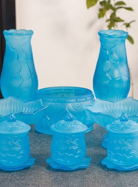 速发佛炉用品大全蓝色香装家用供奉套具花瓶供水杯果盘供佛供具水