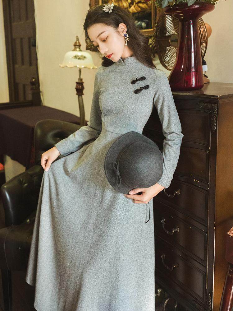 日本DV2020年秋冬新款民国风改良版旗袍连衣裙女法式复古小众中国-好物说