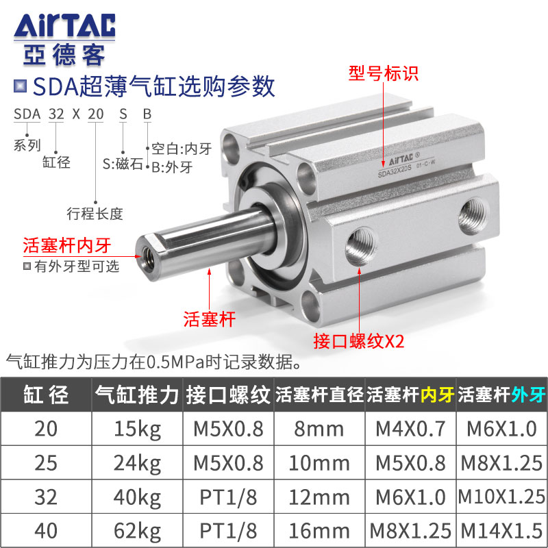 亚德客气动小型薄型气缸SDA20/25/32/40*5/10X30X40X50*60SB带磁