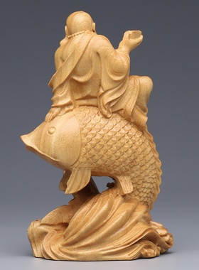 崖柏木雕坐鲤鱼弥勒佛摆件 实木大肚开心笑佛家居客厅装饰手工艺