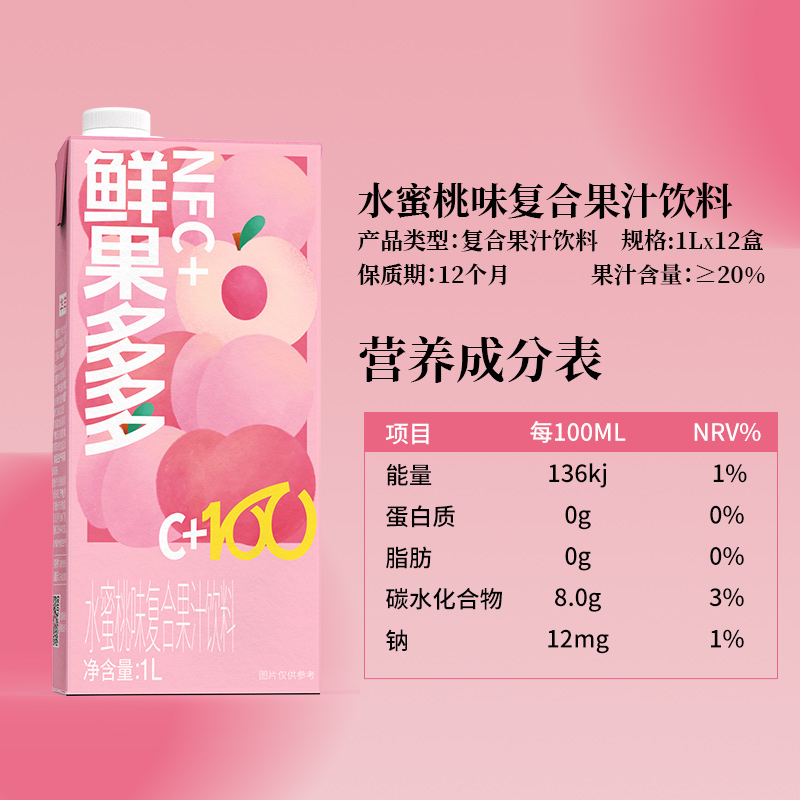 华洋果汁鲜果多多NFC+1L*2盒整箱橙子葡萄水蜜桃苹果复合果汁饮料