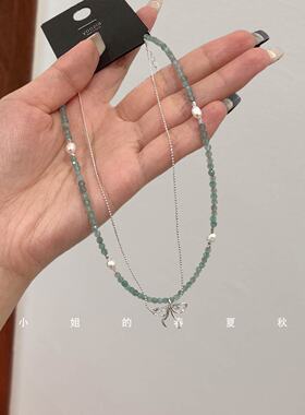 韩国饰品蓝色串珠女高级感锁骨链