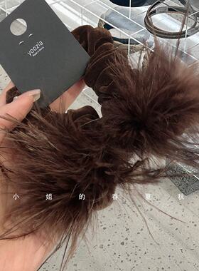 韩系美拉德深咖羽毛发圈轻奢镶钻蝴蝶结头绳氛围感扎发大肠圈
