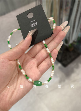 韩国饰品高级感ins风百搭轻复古国风颈链绿色锁骨链天然珍珠项链