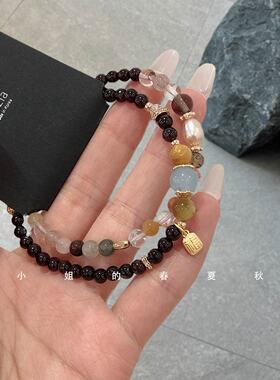 小众设计发饰韩国头饰精致韩系百搭双层咖色天然珍珠虎眼石榴手链