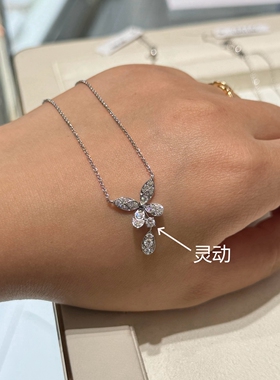 新品GF缱绻满钻蝴蝶项链女款V金纯银镀18K金玫瑰金水滴钻灵动吊坠
