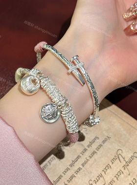 足银9999盘缠黄财神胖福银手镯国风推拉可调节百搭银镯子节日送礼