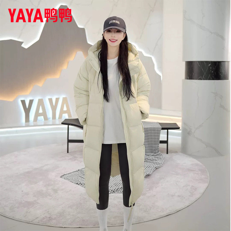 鸭鸭长款泡芙羽绒服女2025冬季新款时尚休闲连帽加厚鸭绒保暖外套