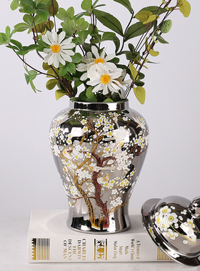 玉简陶瓷银色储物罐将军罐