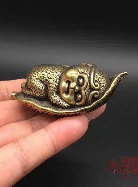 纯黄铜做旧一叶菩提孙悟空镂空摆件猴子茶宠家居饰品生肖摆件铜器