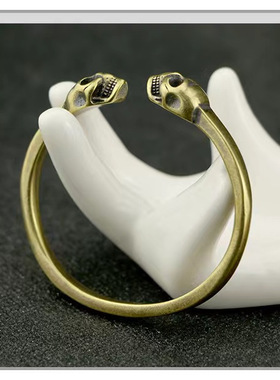 黄铜实心双豹头圆棍手环创意个性朋克风双龙骷髅手镯貔貅镯子工艺