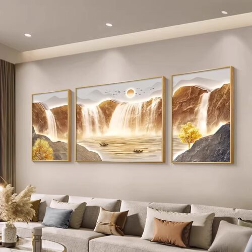日照金山三联画客厅沙发背景墙壁画靠山图壁画现代简约轻奢装饰画 - 图2