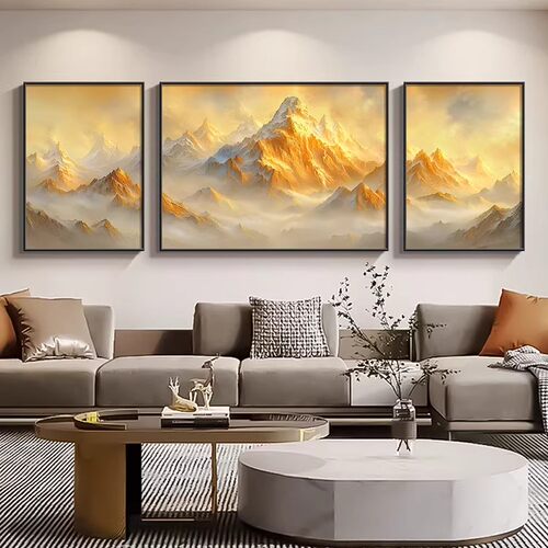 日照金山三联画客厅沙发背景墙壁画靠山图壁画现代简约轻奢装饰画 - 图0