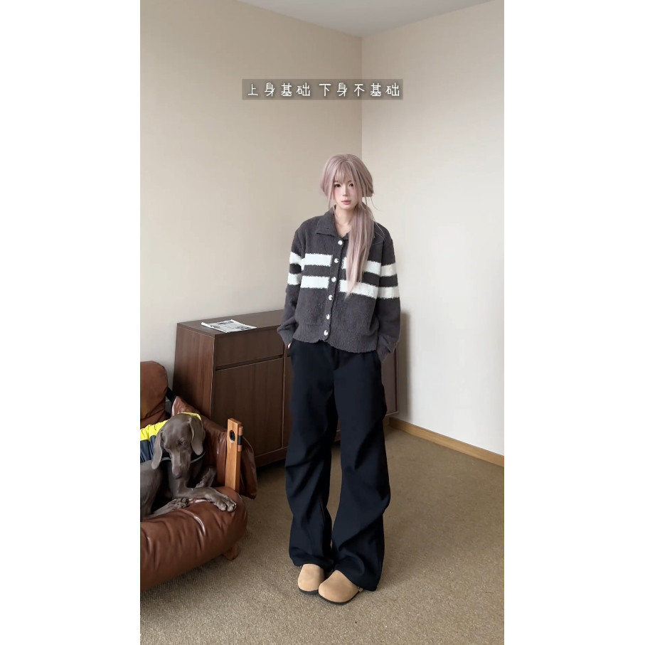 York Zoom春季美式宽松微喇垂感休闲裤黑色褶皱西裤男加绒加厚